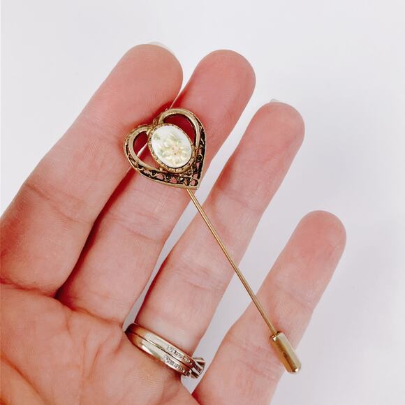 Vintage 1960s Stick Pin Porcelain Hand Painted Heart Floral Cabochon Gold Tone - Picture 3 of 10